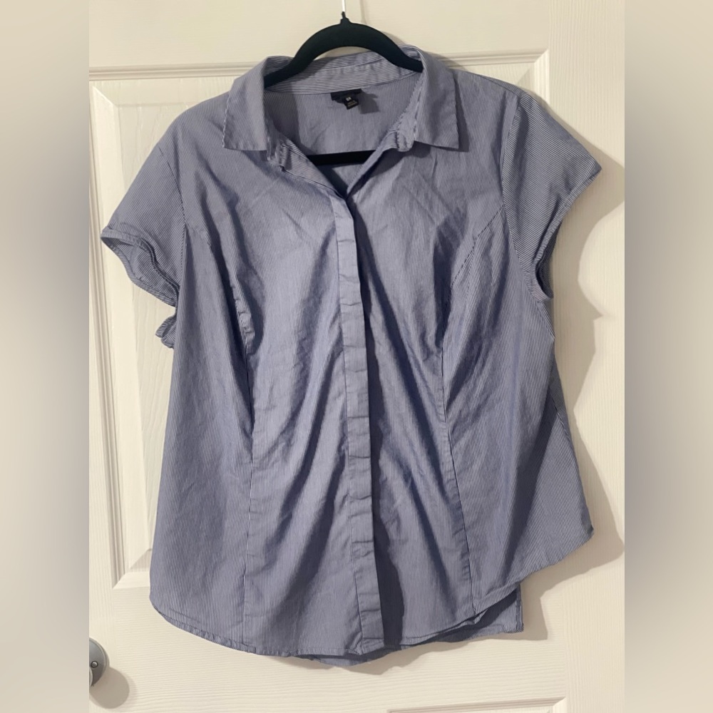 Blue white striped button up blouse